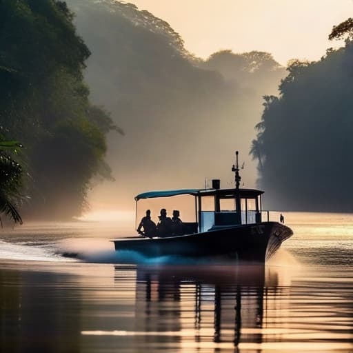 A Sri Lankan navy patrol boat moving slowly down a calm river, low angle, misty jungle banks, early morning light.